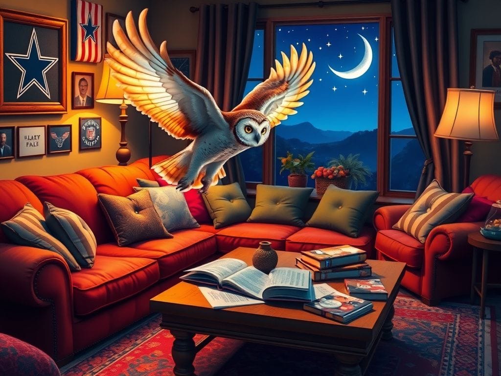Flick International Owl flying gracefully in a cozy living room adorned with Dallas Cowboys memorabilia