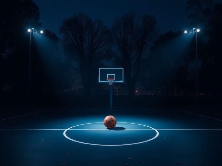 Flick International A serene basketball court at dusk with a spotlight on a basketball