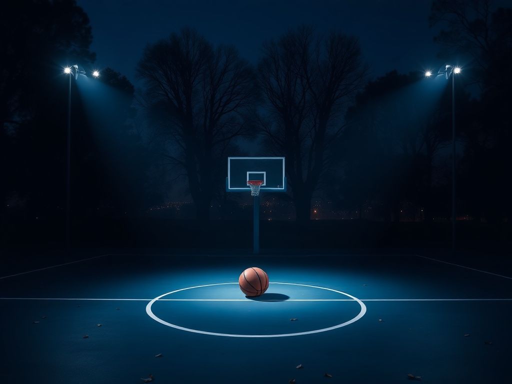 Flick International A serene basketball court at dusk with a spotlight on a basketball