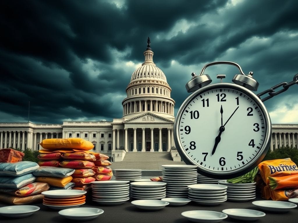 Flick International A divided government building with the U.S. Capitol under a stormy sky, symbolizing conflict over SNAP benefits