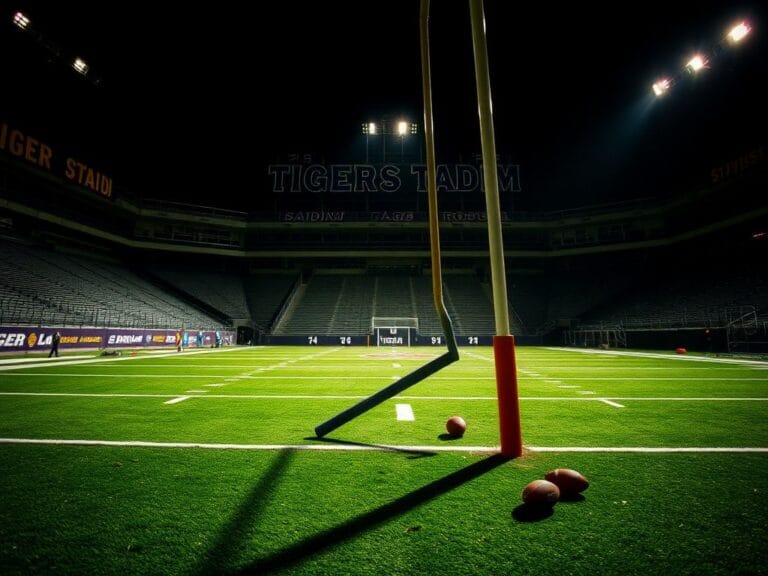 Flick International Dimly lit Tiger Stadium with broken goal post symbolizing LSU football's defeat