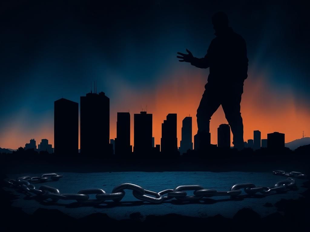 Flick International Silhouette of Gaza city skyline under a dark blue sky with flashes of light, symbolizing urgent tensions.