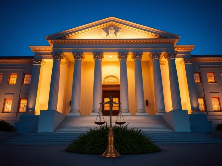 Flick International Serene and imposing courthouse facade at dusk with a symbolic scale of justice