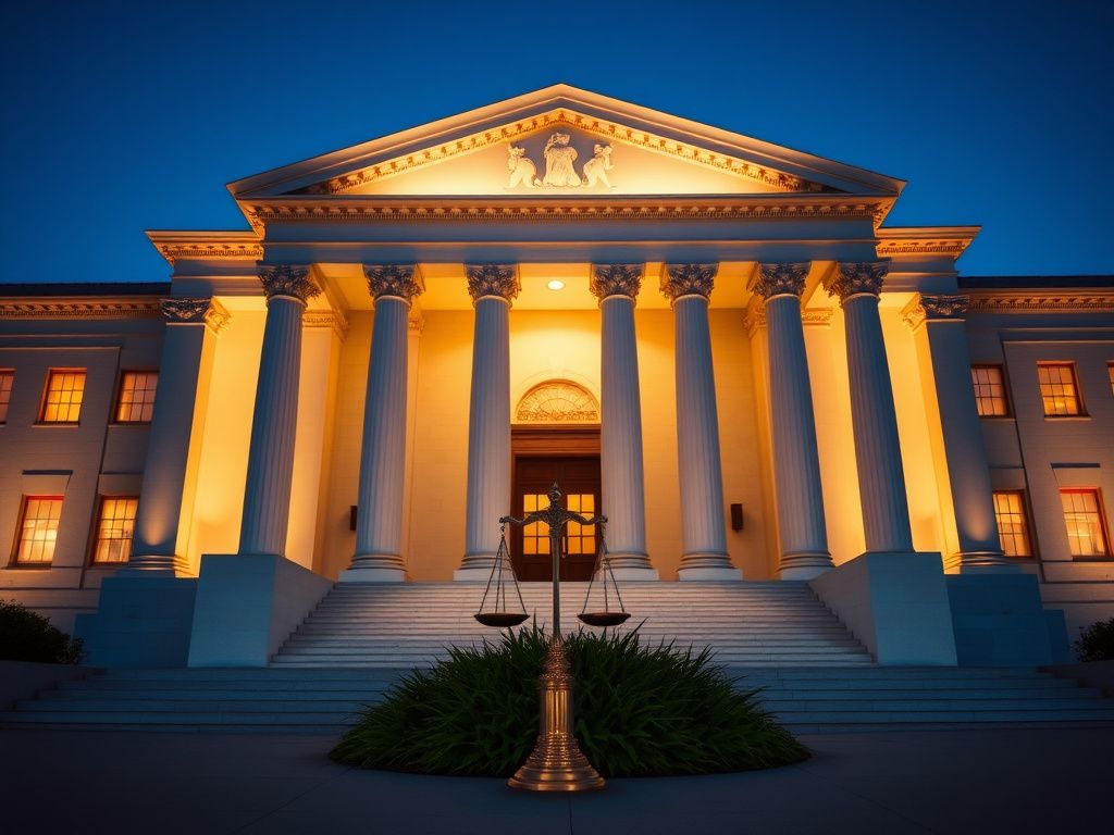 Flick International Serene and imposing courthouse facade at dusk with a symbolic scale of justice