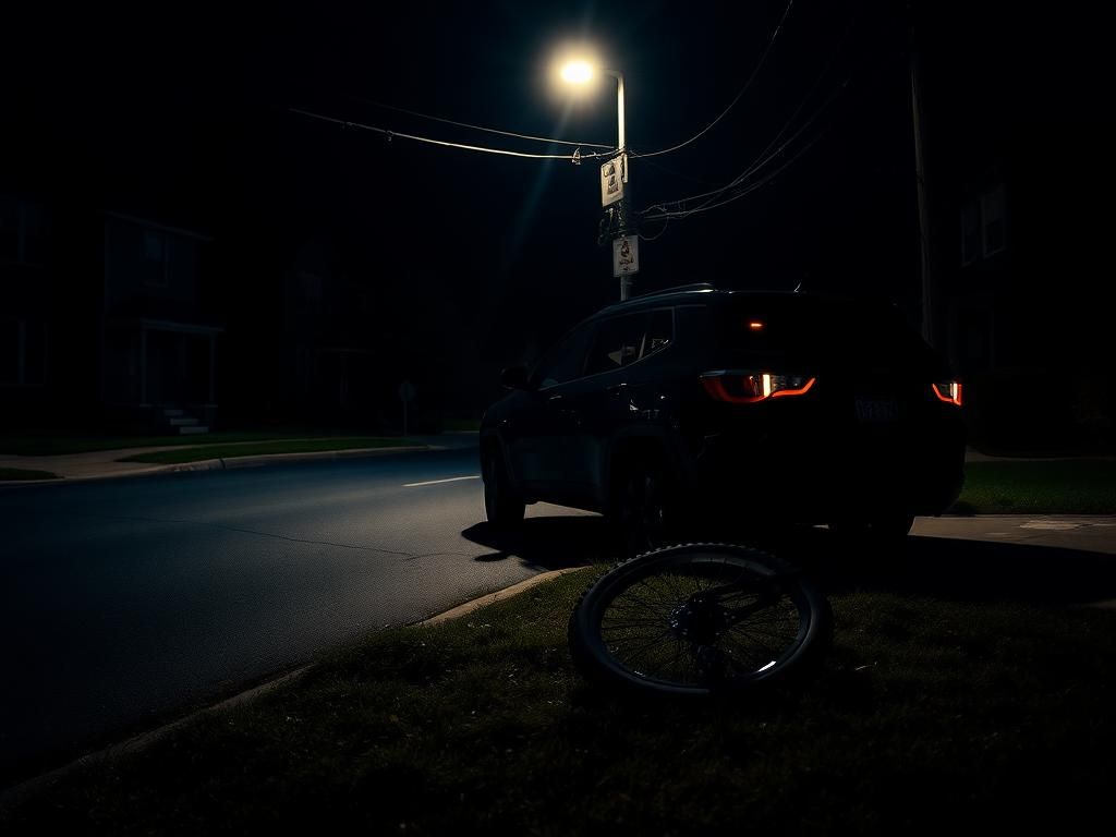 Flick International A haunting scene of an empty New Jersey street at night with a parked black 2021 Jeep Compass.