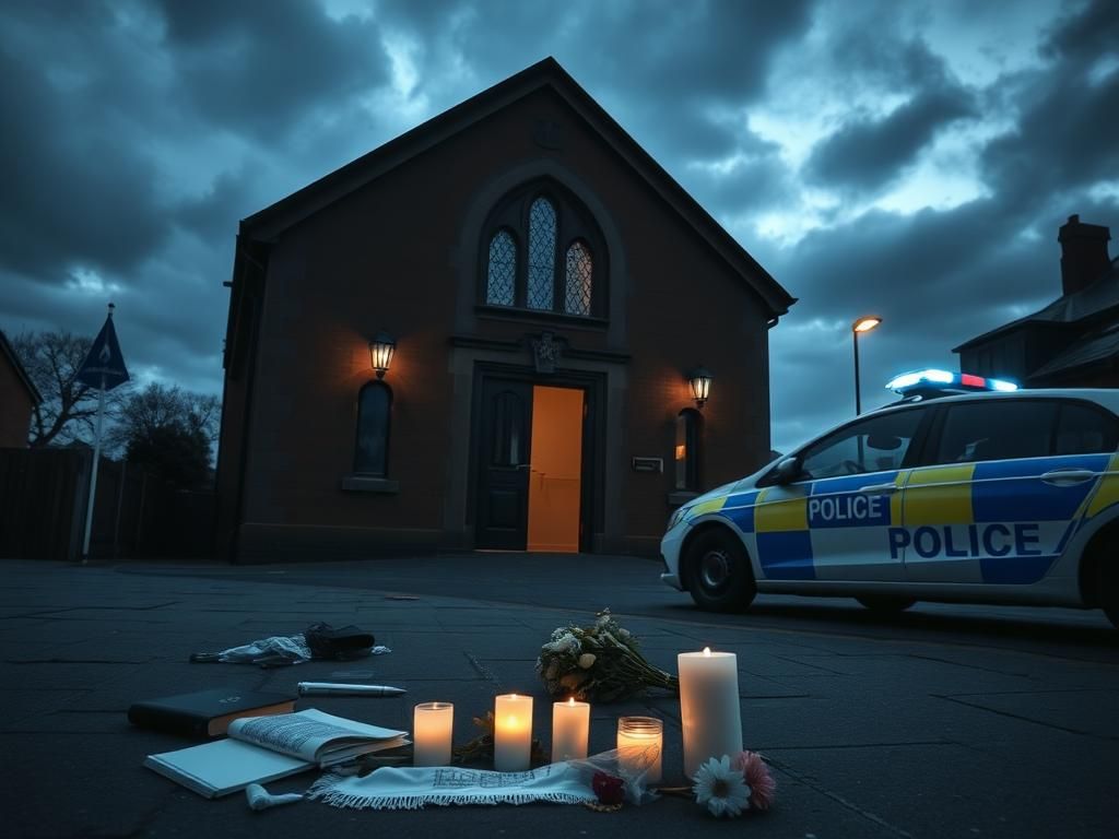Flick International A somber scene of a synagogue exterior in Manchester at dusk, capturing the aftermath of a tragic attack.