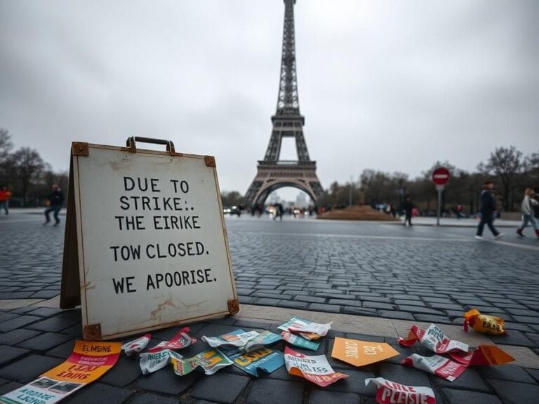 Flick International Eiffel Tower closed due to protest, shrouded in haze with a worn sign