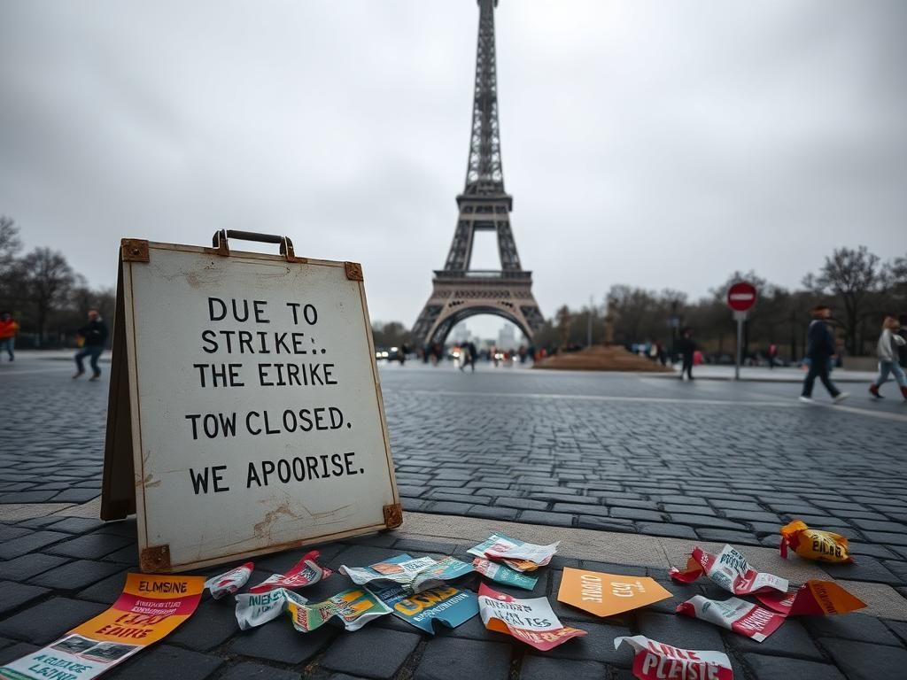 Flick International Eiffel Tower closed due to protest, shrouded in haze with a worn sign