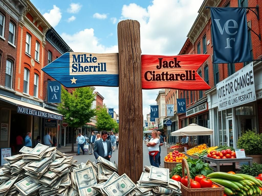 Flick International A bustling New Jersey town square showcasing a signpost pointing towards gubernatorial candidates Mikie Sherrill and Jack Ciattarelli