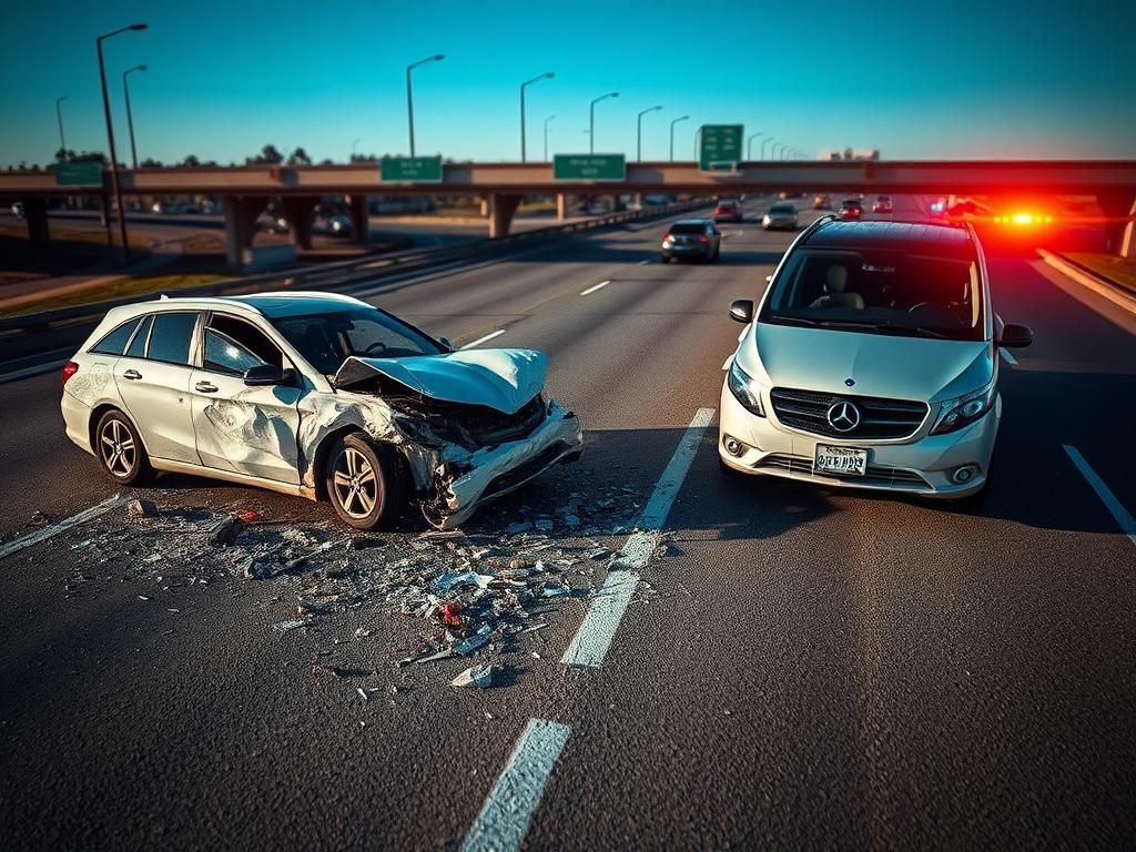 Flick International A high-angle view of a severe car accident on a busy highway in Fort Worth, Texas, featuring a damaged white vehicle and a Mercedes van.