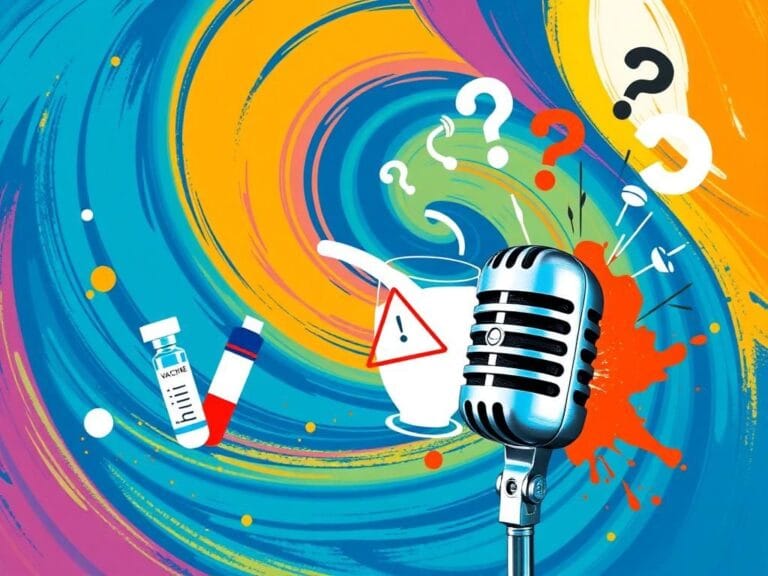 Flick International Abstract representation of a chaotic podcast set featuring health-related objects.