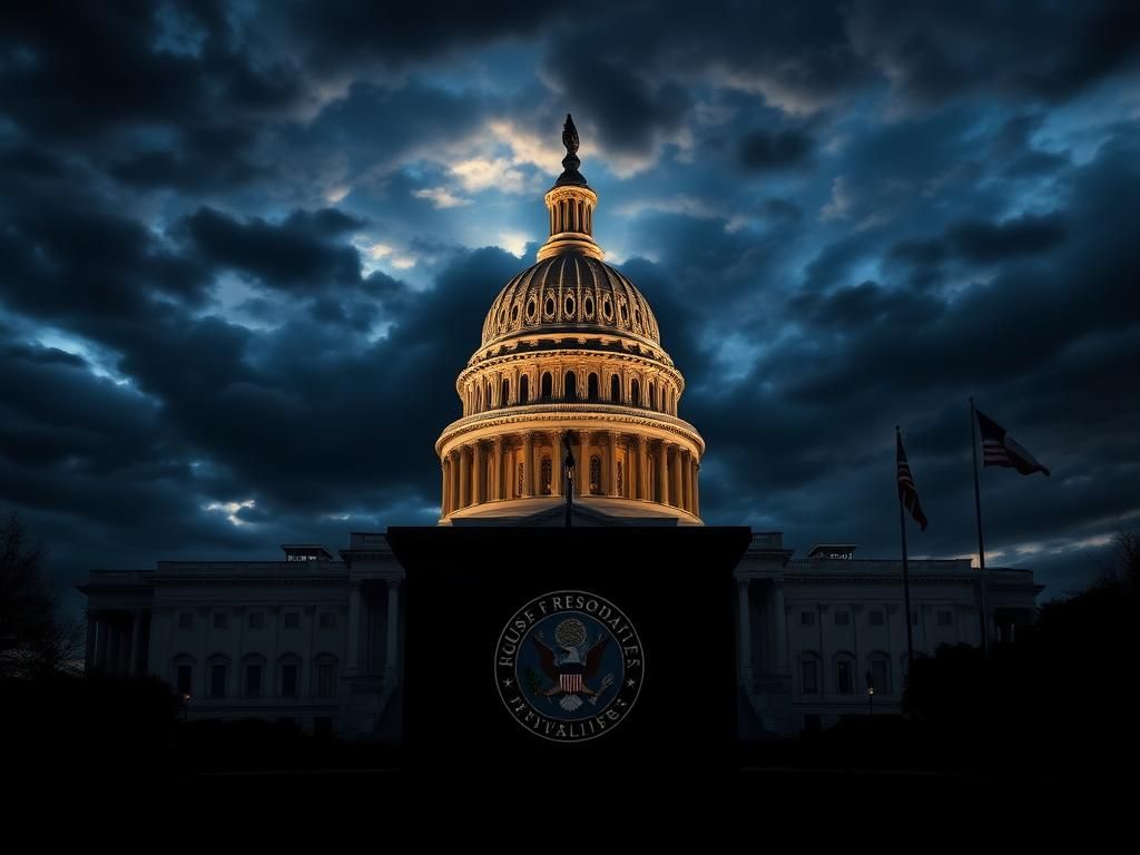 Flick International Dramatic scene of the U.S. Capitol building at dusk with stormy clouds