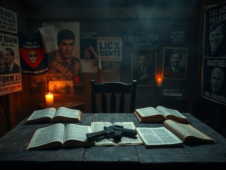 Flick International Dimly lit scene depicting a weathered wooden table with books on civil rights and armed activism in a smoke-filled room