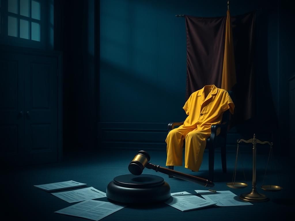 Flick International Dimly lit courtroom with gavel and empty yellow jumpsuit symbolizing justice