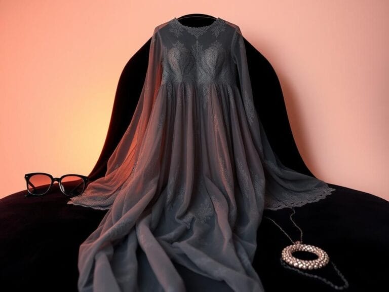 Flick International Sheer gown with intricate gray lace detailing displayed elegantly on a dark velvet surface