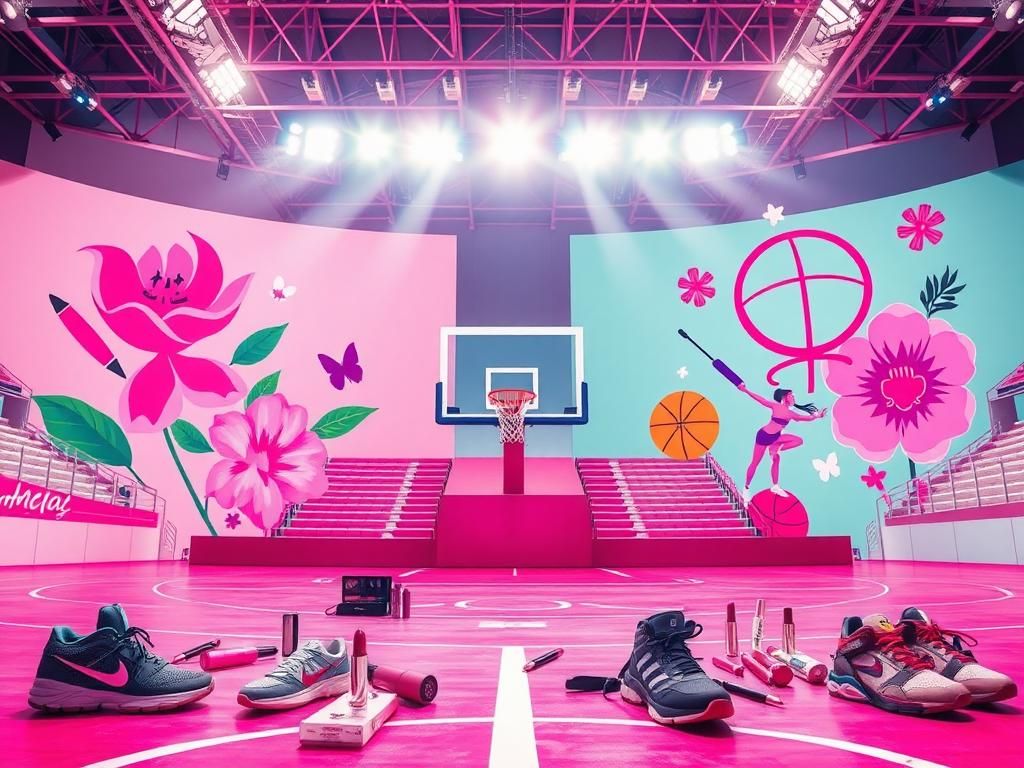Flick International Dynamic basketball court scene with vibrant sneakers and gear highlighting femininity and athleticism