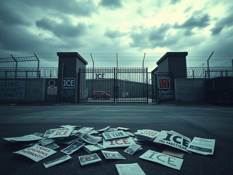 Flick International Exterior view of a U.S. Immigration and Customs Enforcement facility with graffiti and protest signs