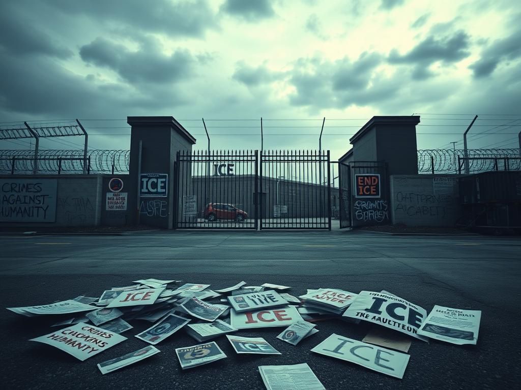 Flick International Exterior view of a U.S. Immigration and Customs Enforcement facility with graffiti and protest signs