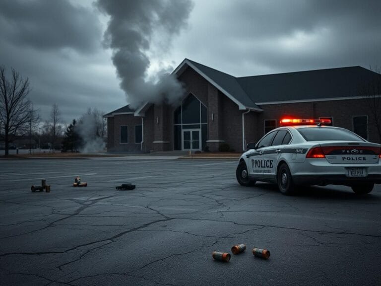 Flick International Exterior view of the Church of Jesus Christ of Latter-day Saints in Grand Blanc, Michigan, showing signs of a recent shooting incident.