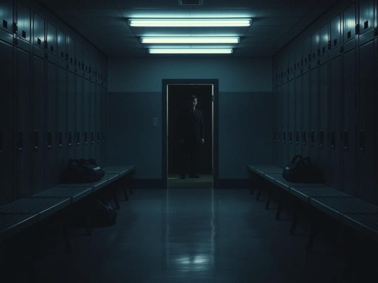 Flick International Dimly lit, abandoned locker room with empty benches and flickering lights