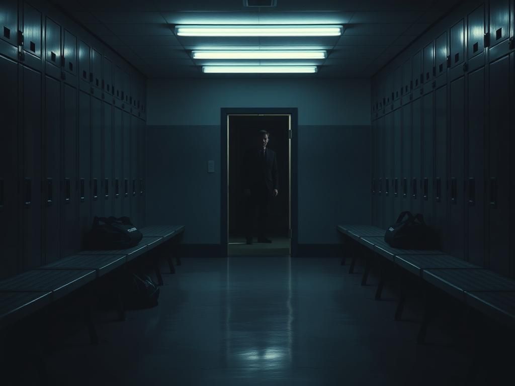 Flick International Dimly lit, abandoned locker room with empty benches and flickering lights