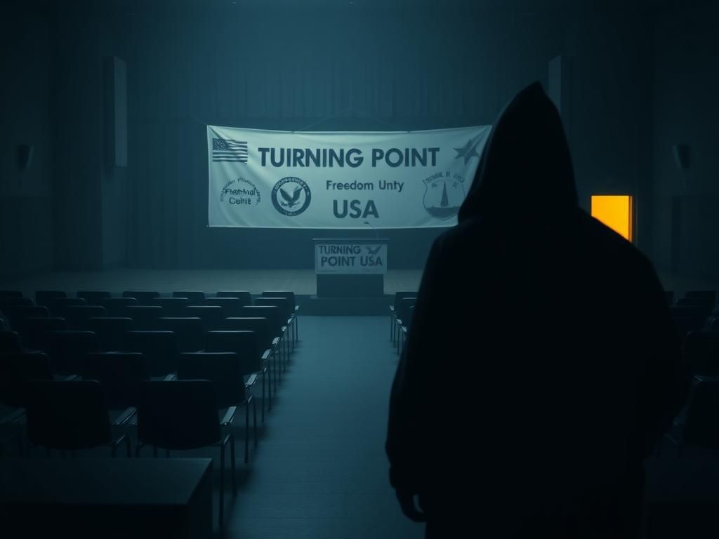 Flick International Empty school auditorium with podium and Turning Point USA banner, shadow of KKK figure
