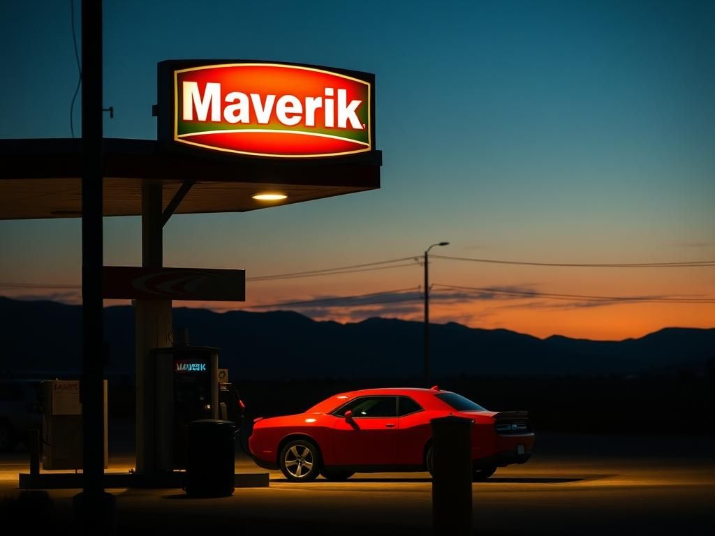 Flick International Red Dodge Challenger parked at a gas pump in a dimly lit Utah gas station during a police manhunt