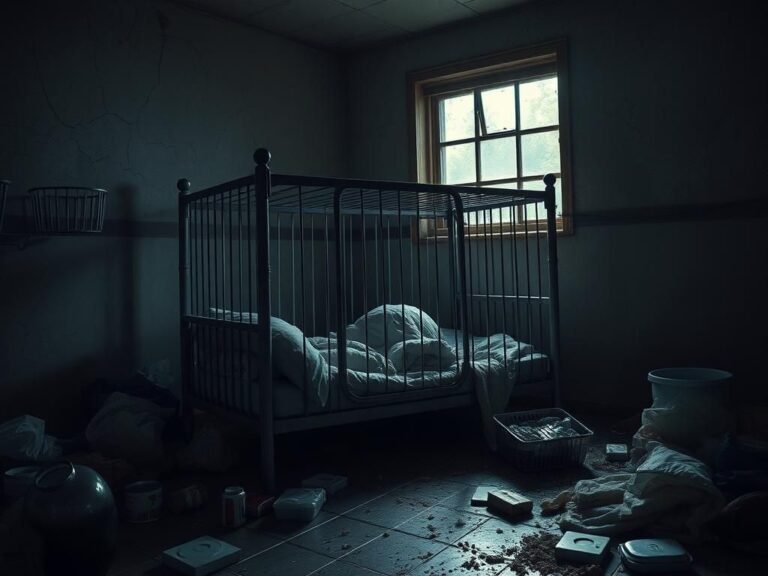 Flick International A makeshift cage made from a deconstructed bunk bed in a neglected room reflecting despair and confinement.