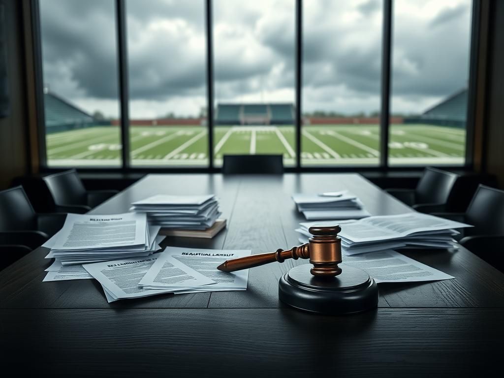 Flick International A courtroom scene depicting a dark wooden table with legal documents and a gavel, symbolizing the New York Jets' retaliation lawsuit