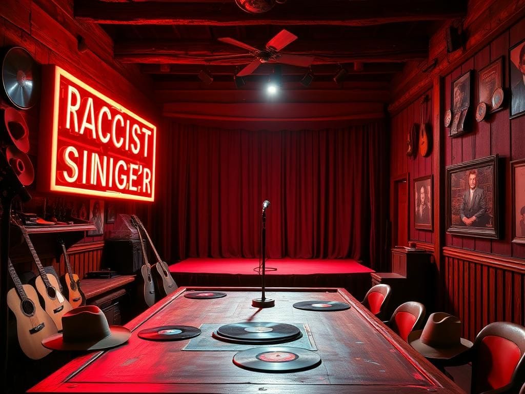 Flick International A rustic bar with a neon sign reading 'Racist Country Singer's Bar' symbolizes the tension in country music culture.
