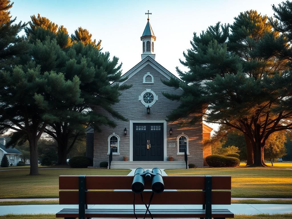 Flick International A serene traditional church building in Grand Blanc, Michigan, surrounded by trees and a clear sky, with locked doors and a security presence.