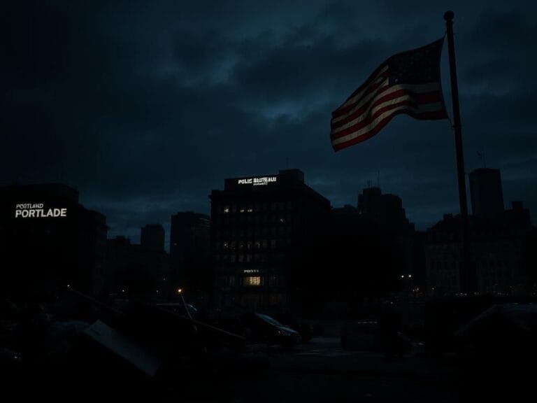 Flick International Somber nighttime view of Portland Police Bureau headquarters with remnants of protests in the foreground.