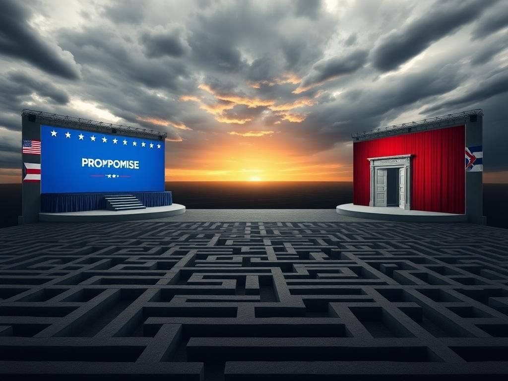 Flick International A large empty political stage divided into contrasting sides representing a divided political landscape