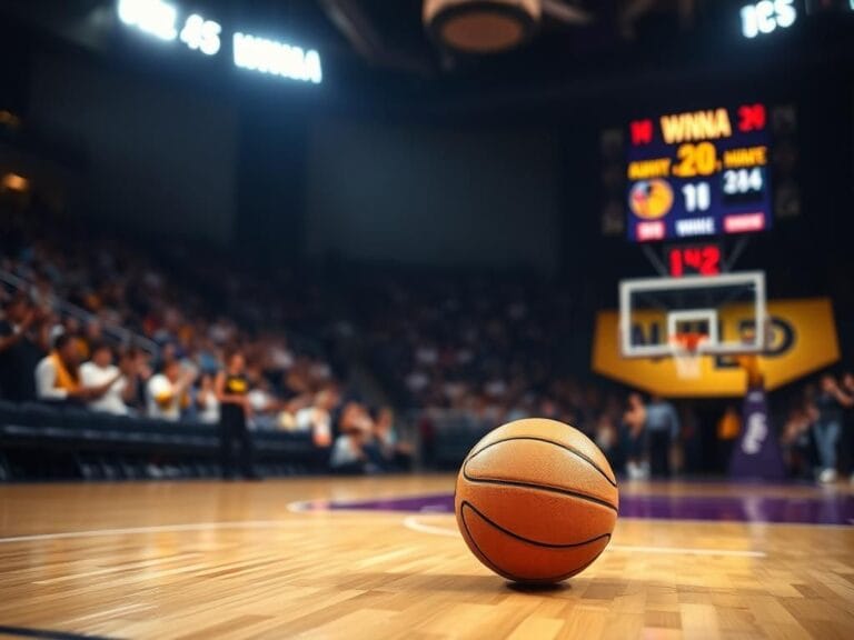 Flick International High-stakes WNBA game court scene with a basketball resting on polished wood