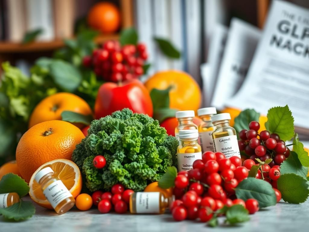 Flick International Vibrant still life arrangement of vitamin-rich fruits and vegetables with supplements