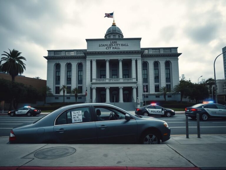 Flick International Car parked at an angle on a vacant sidewalk in front of Los Angeles City Hall during evacuation incident