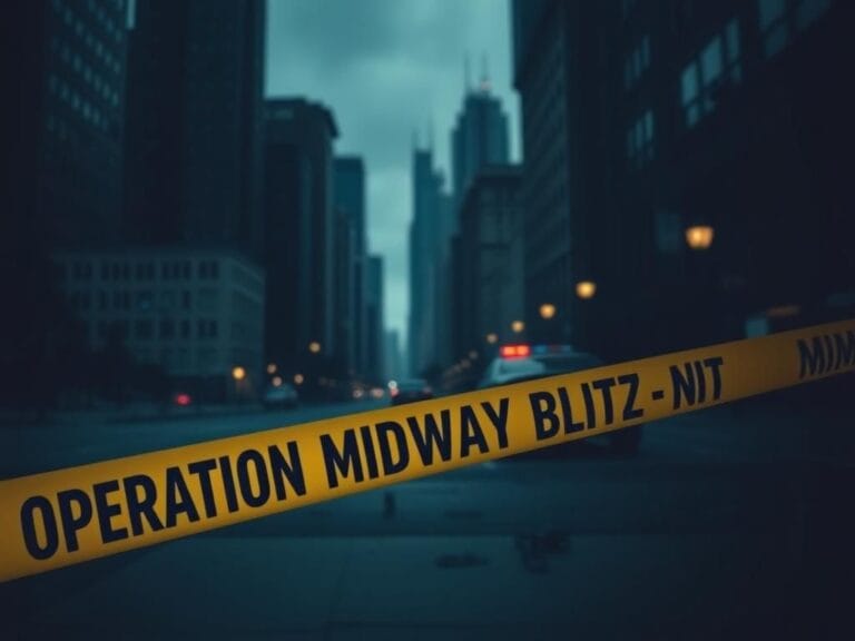 Flick International Dramatic urban scene of Chicago with law enforcement badge silhouette and caution tape labeled 'Operation Midway Blitz'.
