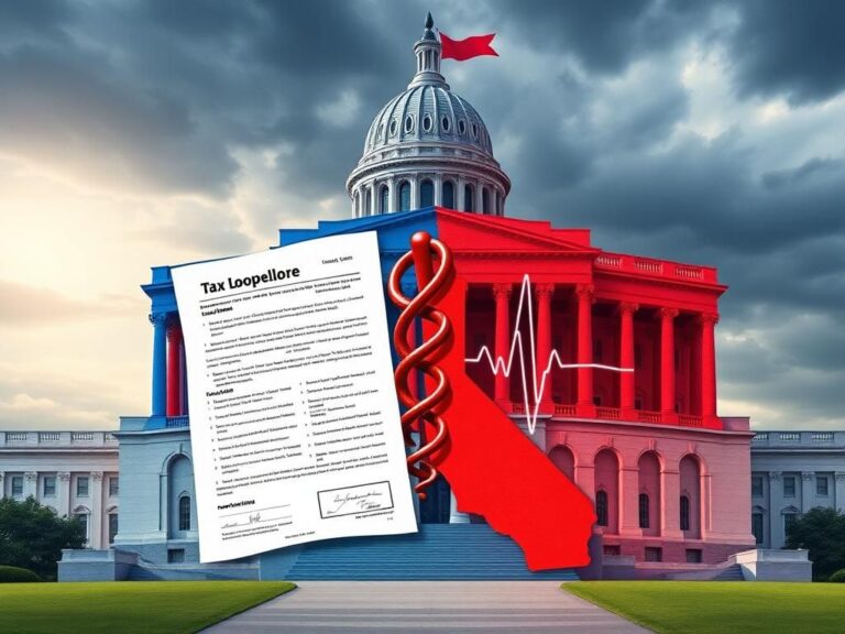 Flick International Conceptual illustration of a divided government building symbolizing political clash over healthcare funding