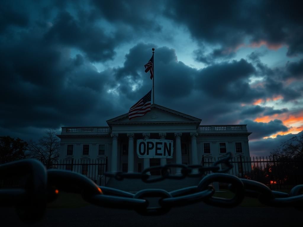 Flick International Closed government building at dusk with American flag and broken chains symbolizing political stagnation