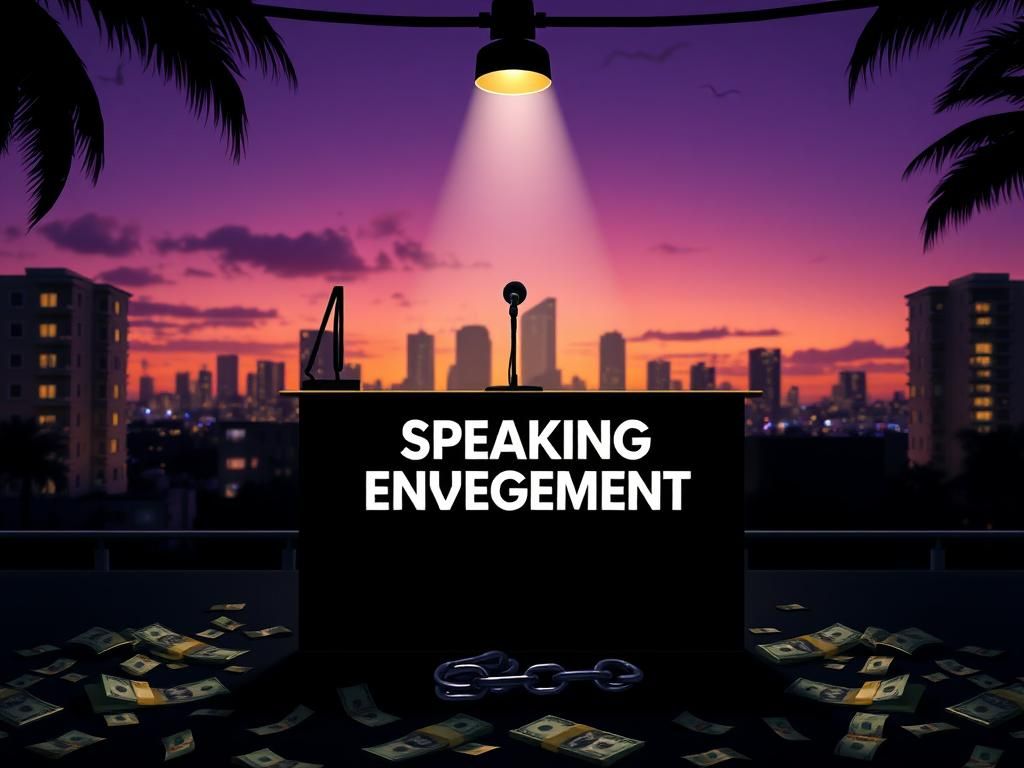 Flick International Urban scene in Miami at dusk featuring an empty podium with a microphone symbolizing rivalry