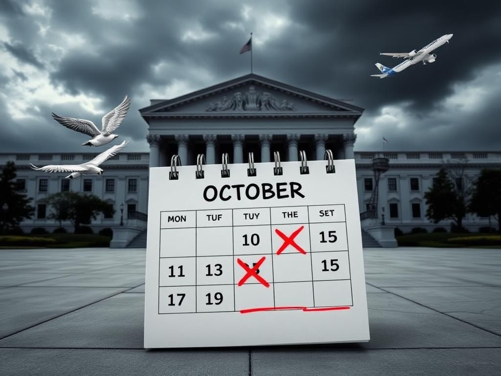 Flick International Empty government building with closed doors symbolizing the shutdown and a calendar marked with looming deadlines