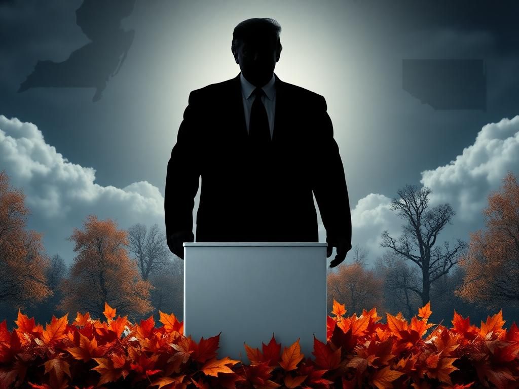 Flick International A silhouette of Trump casting a shadow over an empty ballot box surrounded by autumn leaves.