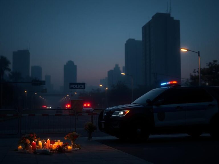 Flick International Somber urban landscape at twilight with police barricades and a police vehicle