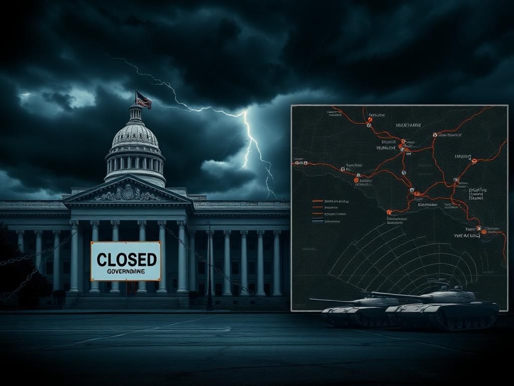 Flick International A somber, deserted government building with a 'Closed' sign, representing the ongoing government shutdown amidst stormy skies.