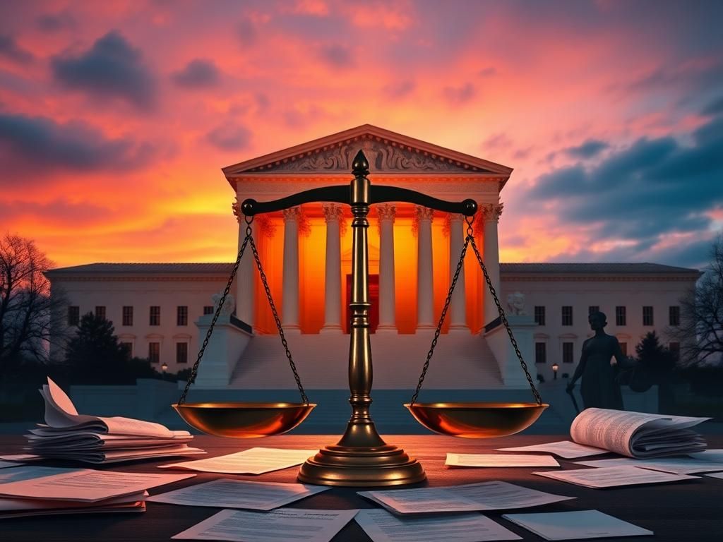 Flick International Conceptual image of the Supreme Court building at twilight with gavel scales and legal documents