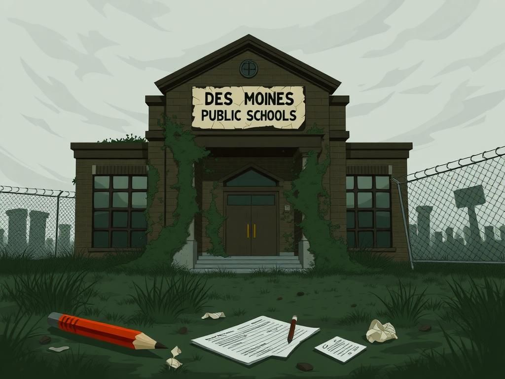 Flick International Dark illustration of an abandoned school building with overgrown weeds and vines