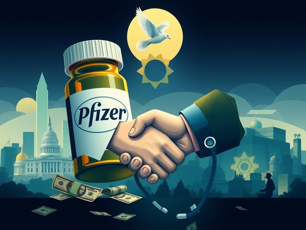 Flick International Symbolic handshake between a giant pill bottle and a globe, representing the global pharmaceutical industry.