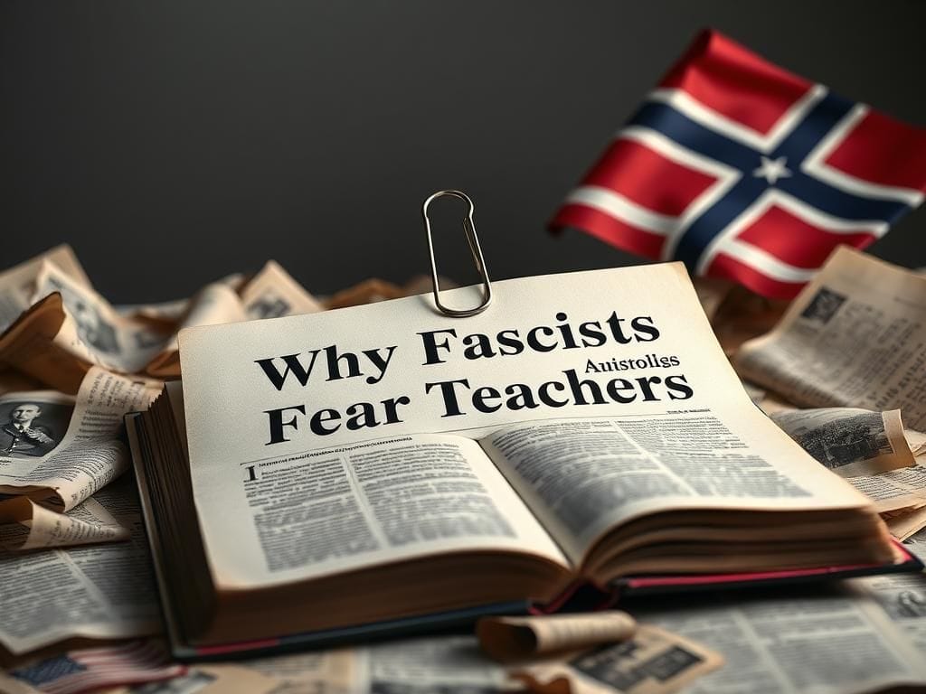 Flick International Symbolic representation of a paper clip on an open book titled 'Why Fascists Fear Teachers' surrounded by historical protest imagery