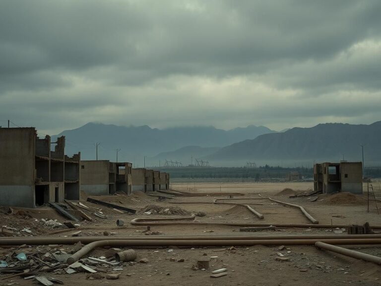 Flick International Desolate landscape in Khuzestan, Iran, depicting abandoned buildings and oil pipelines amidst ruins