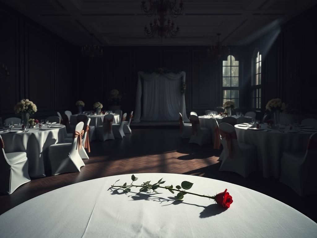 Flick International Somber interior of a wedding venue with elegantly arranged tables and dark shadows, symbolizing loss.
